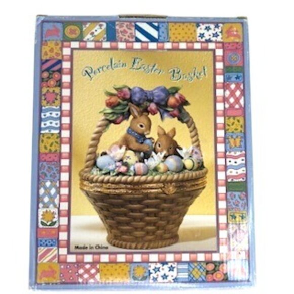 Porcelain Easter Basket Figurine With Rabbits ‎ Eggs Spring Decor 8" Tall - Picture 2 of 15